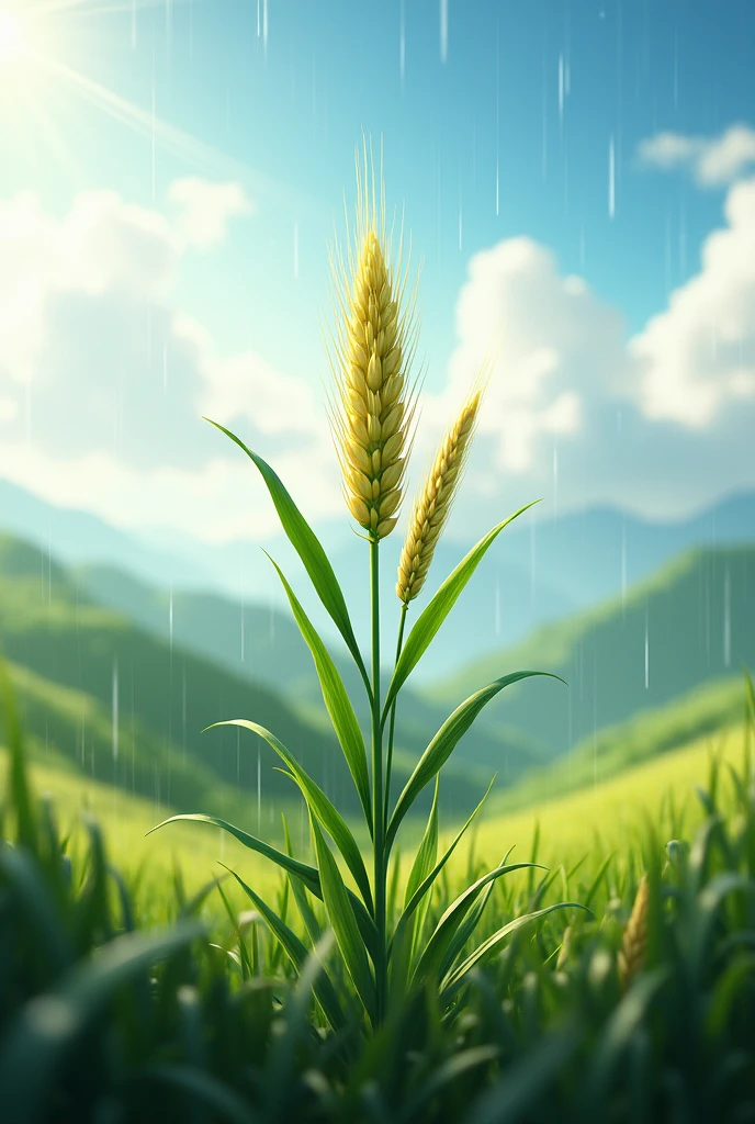 Create an image that represents the growth of a barley plant thanks to the sun and rain of the highlands and add more rain.