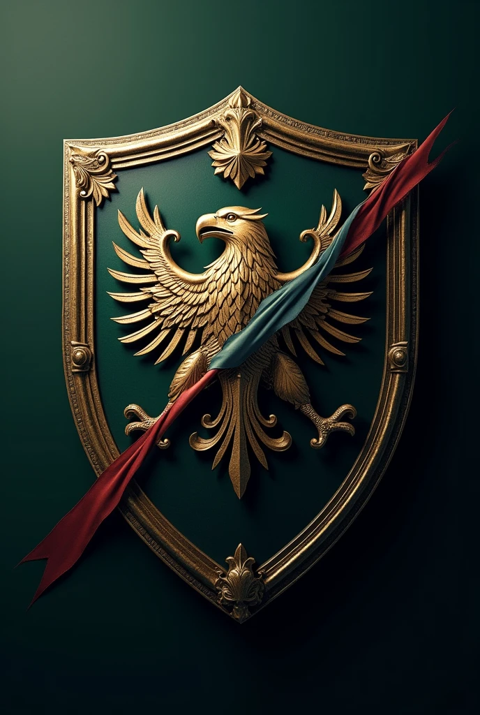 1. **shield:** A dark green or navy blue colored shield, representing safety and tradition.
2. **Central symbol:** An eagle or a lion, symbolizing strength and leadership.
3. **flag:** flag ou faixa com cores tradicionais, like gold or silver, crossing the shield.
4. **Party Name: