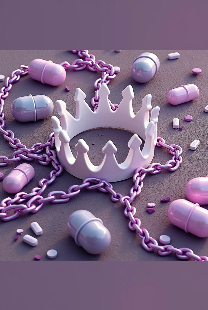 Purple chain thrown on a road, a white crown floating centered on the currents, medicine pills thrown on the road,