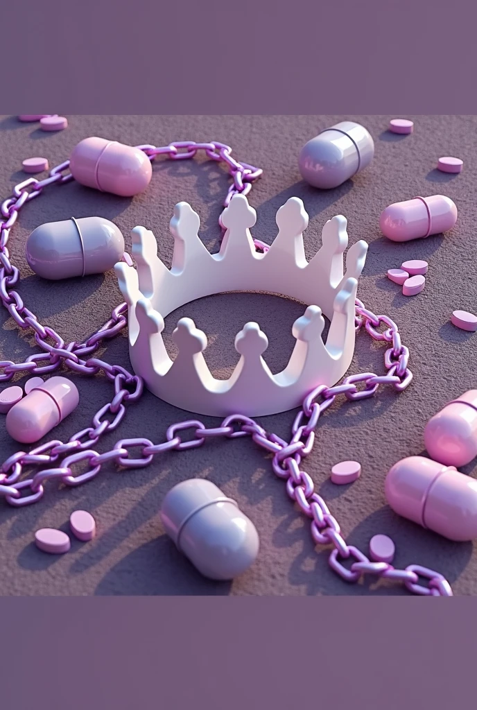 Purple chain thrown on a road, a white crown floating centered on the currents, medicine pills thrown on the road,