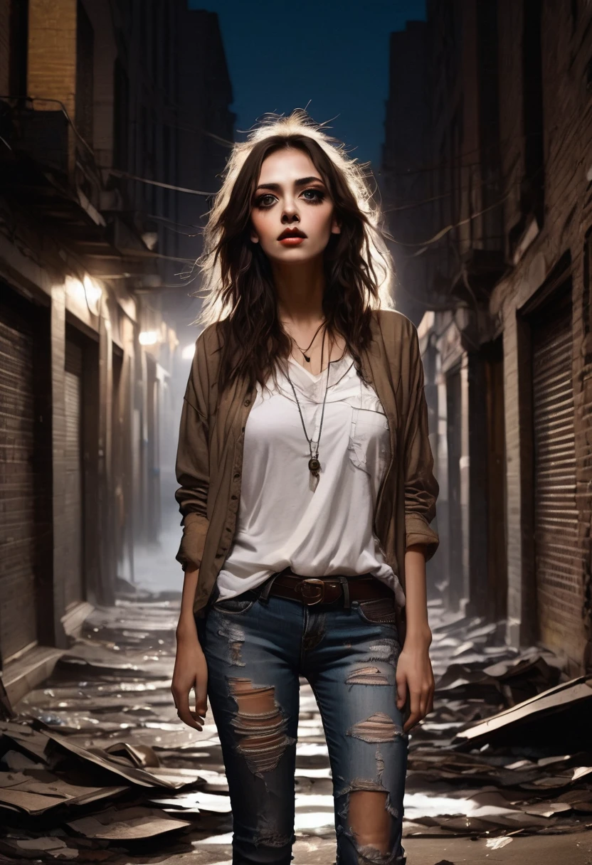 (good quality), (many details), (masterpiece), young woman, worn, torn clothes, wild brown hair, torn jeans, old shirt (broken), at night, in an alley, modern city, vampire, third eye awakes, eye on forehead, third eye, three eyes