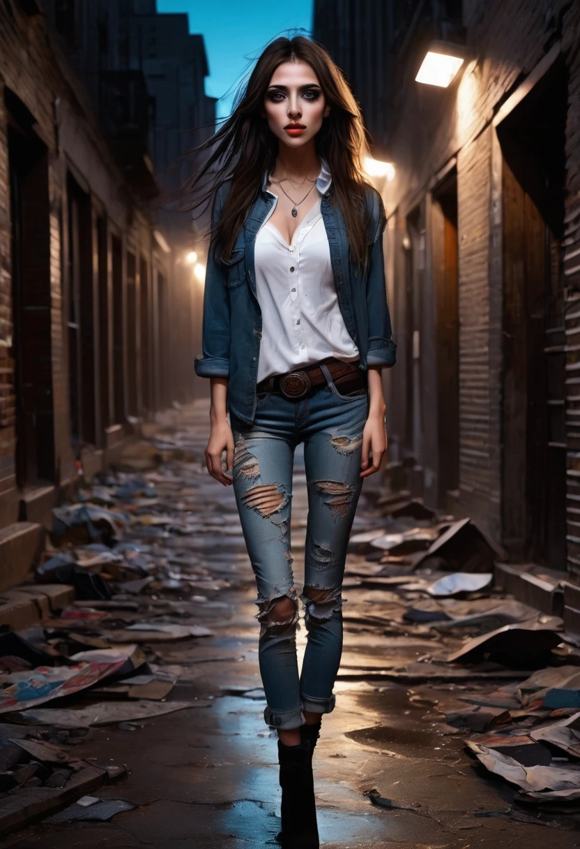 (good quality), (many details), (masterpiece), young woman, worn, torn clothes, wild brown hair, torn jeans, old shirt (broken), at night, in an alley, modern city, vampire, third eye awakes, eye on forehead, third eye, three eyes