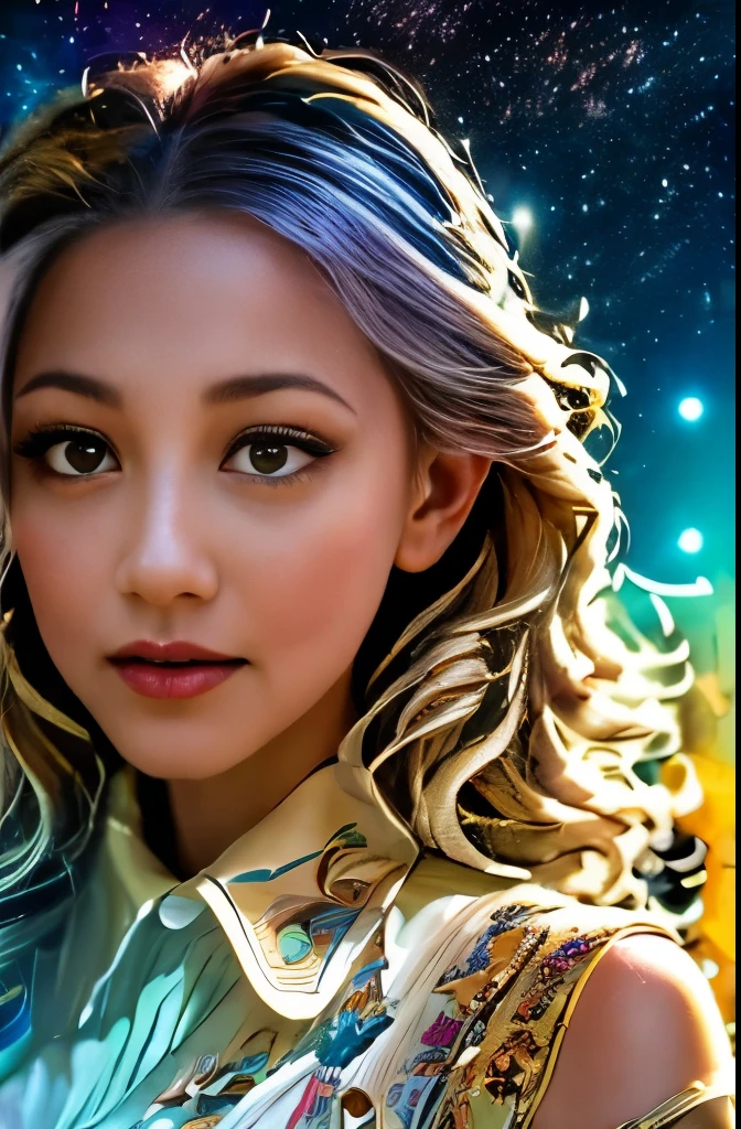 High detail, super detail, super high resolution, girl enjoying her time in the dream galaxy, surrounded by stars, warm light sprinkled on her, background is starry sky with colorful galaxies and galaxy clouds, stars flying around her, delicate face, adding playful atmosphere ,