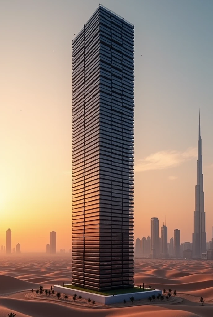 Create a highly detailed and realistic image of an iPhone 15 Pro Max tower stacked to reach the height of the 50th floor of the Burj Khalifa. The tower should consist of 1,094 iPhones stacked vertically, forming a sleek and modern structure. The iPhones should be perfectly aligned, with the screen facing outward, reflecting light. The background should depict the desert skyline of Dubai at sunset, with the Burj Khalifa partially visible in the distance for scale. The overall mood should be awe-inspiring, emphasizing the massive height and futuristic design of the iPhone tower.