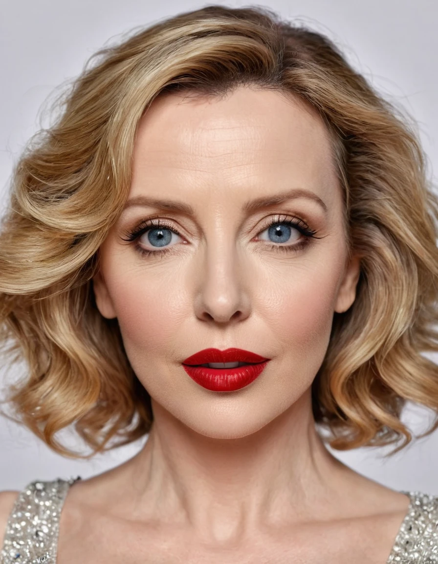 A waist-up portrait of a beautiful female whose facial features are a combination of Julie Delpy + Kylie Minogue. The female has lovely makeup on her face. The female wears red lipstick. Symmetrical eyes. Symmetrical face. Lovely details. Photorealistic. Full-colored photo. Professional photo. Highly detailed 8K.