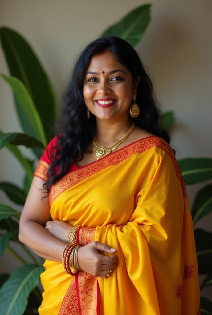 A curvy srilankan women thirty-nine year old wearing a yellow saree and red sleeveless blouse