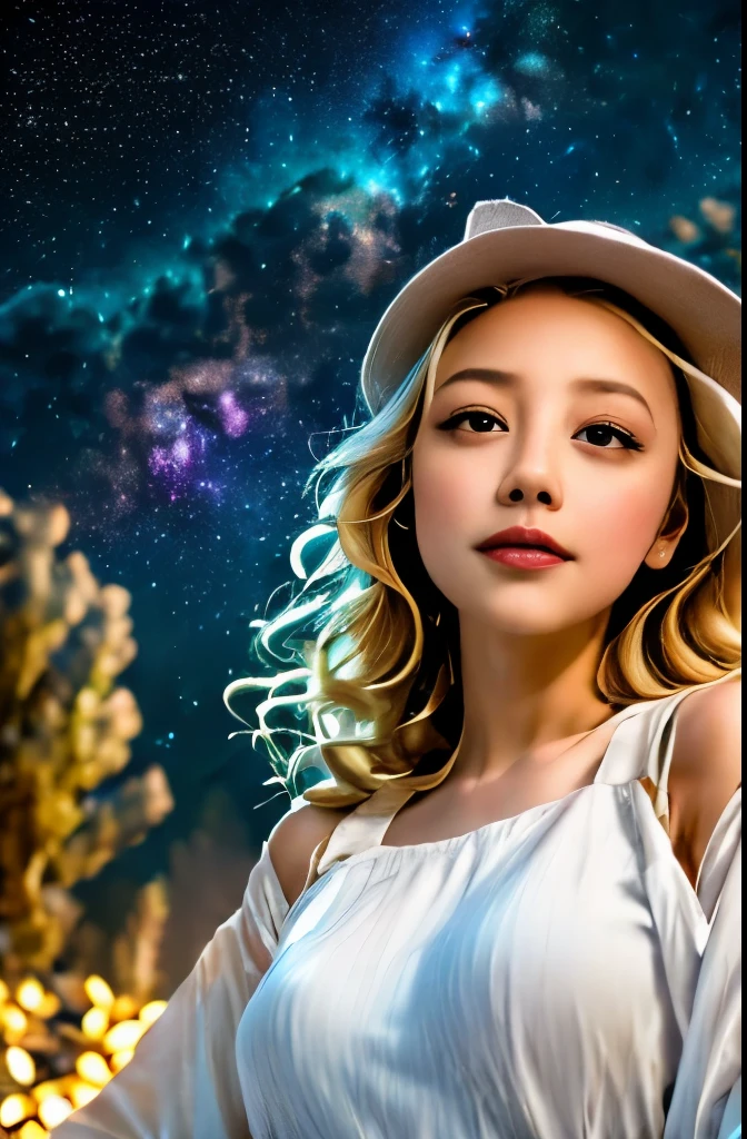 High detail, super detail, super high resolution, girl enjoying her time in the dream galaxy, surrounded by stars, warm light sprinkled on her, background is starry sky with colorful galaxies and galaxy clouds, stars flying around her, delicate face, adding playful atmosphere ,