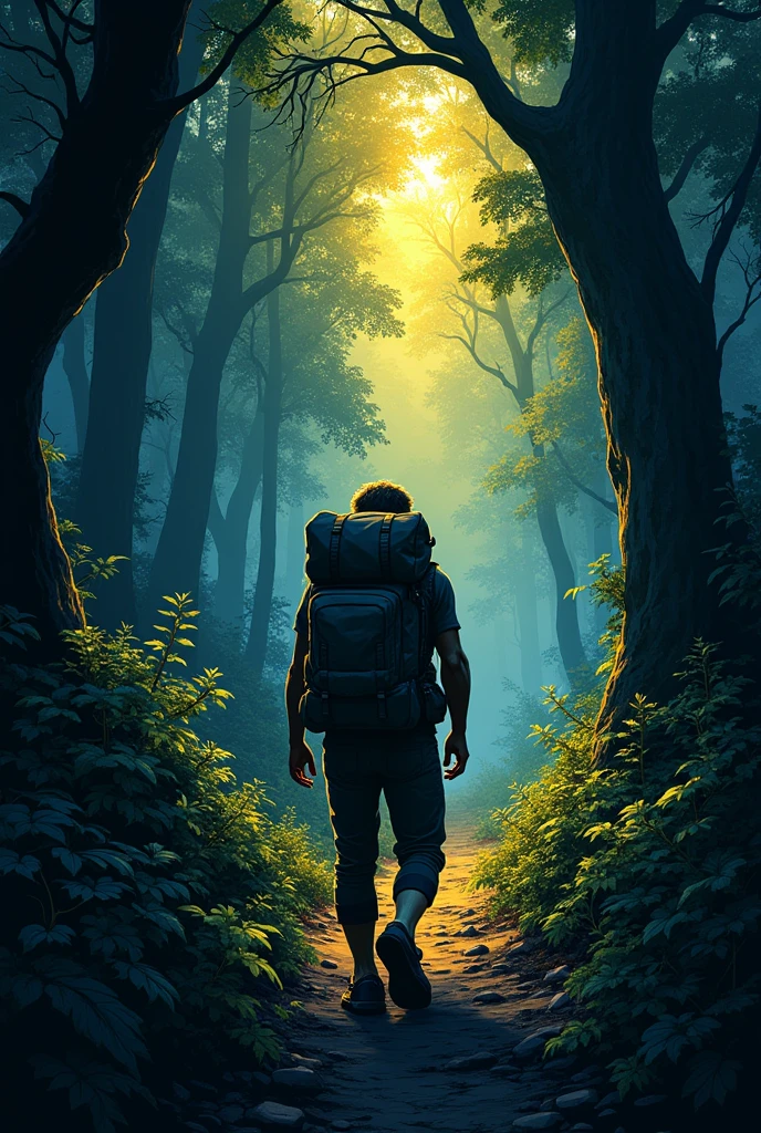 1 poor traveler carrying a backpack full of supplies with great difficulty in the forest at night, in the face of so much darkness, there are some remnants of golden rays of light illuminating their path, you can't see the sky, because there are so many trees that they cover the sky, I want vibrant colors and lots of, comic book style.