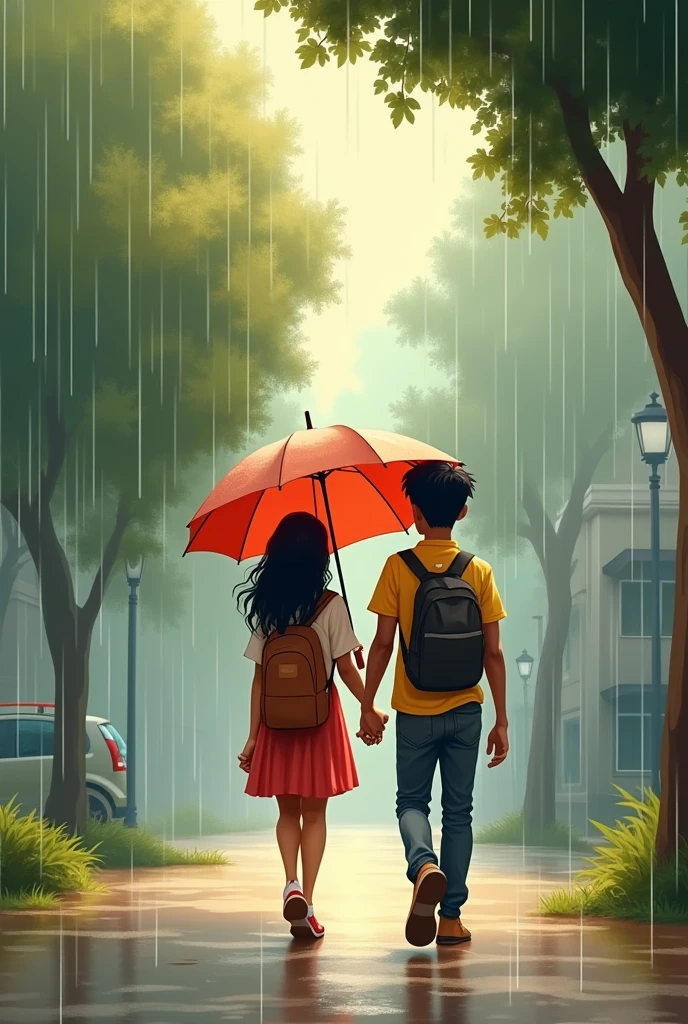 Indian cute couple after school back to home together in rainy day girl holding umbrella boy can't under umbrella and suggest a girl close umbrella and enjoy rain