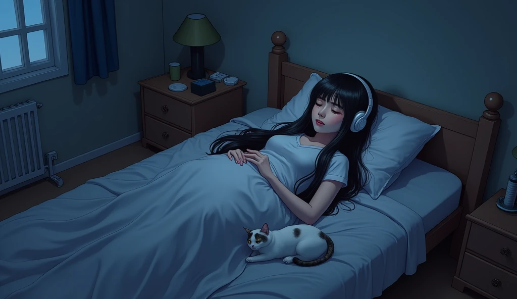 night、dim、high school girl、Mature、long hair、sweat、Using headphones、bed、Cat、 2D-style animation, Lo-Fi、Retro、Anime style illustrations