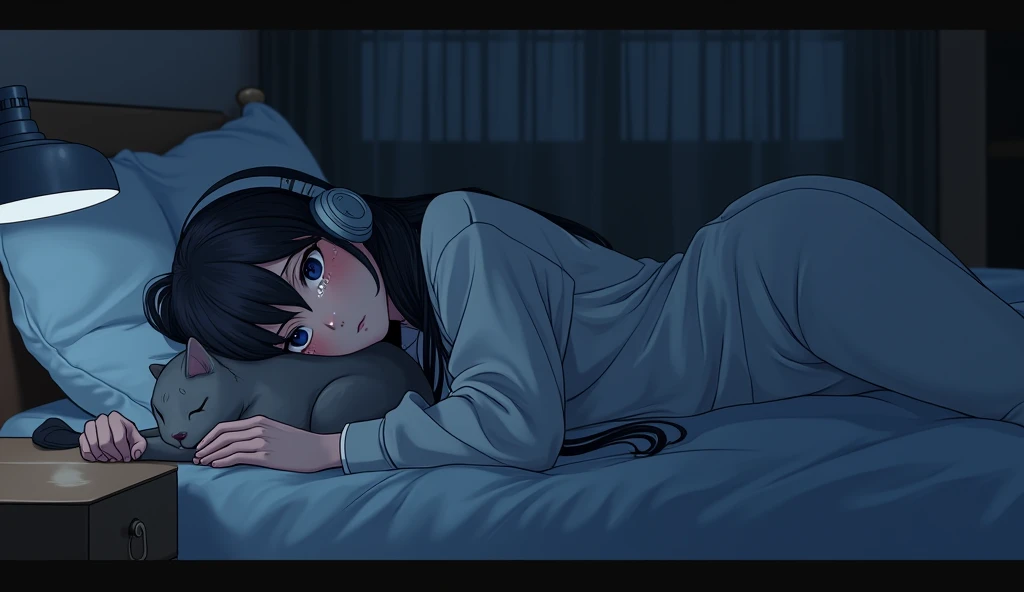 night、dim、high school girl、Mature、long hair、sweat、Using headphones、bed、Cat、 2D-style animation, Lo-Fi、Retro、Anime style illustrations