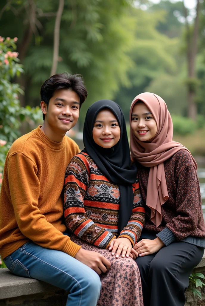 Portrait of young Indonesian man 18 years old wearing sweater and young Indonesian woman 1 wearing fancy sweater and hijab and  man wearing sweater and  girl wearing fancy sweater and hijab sitting in beautiful park