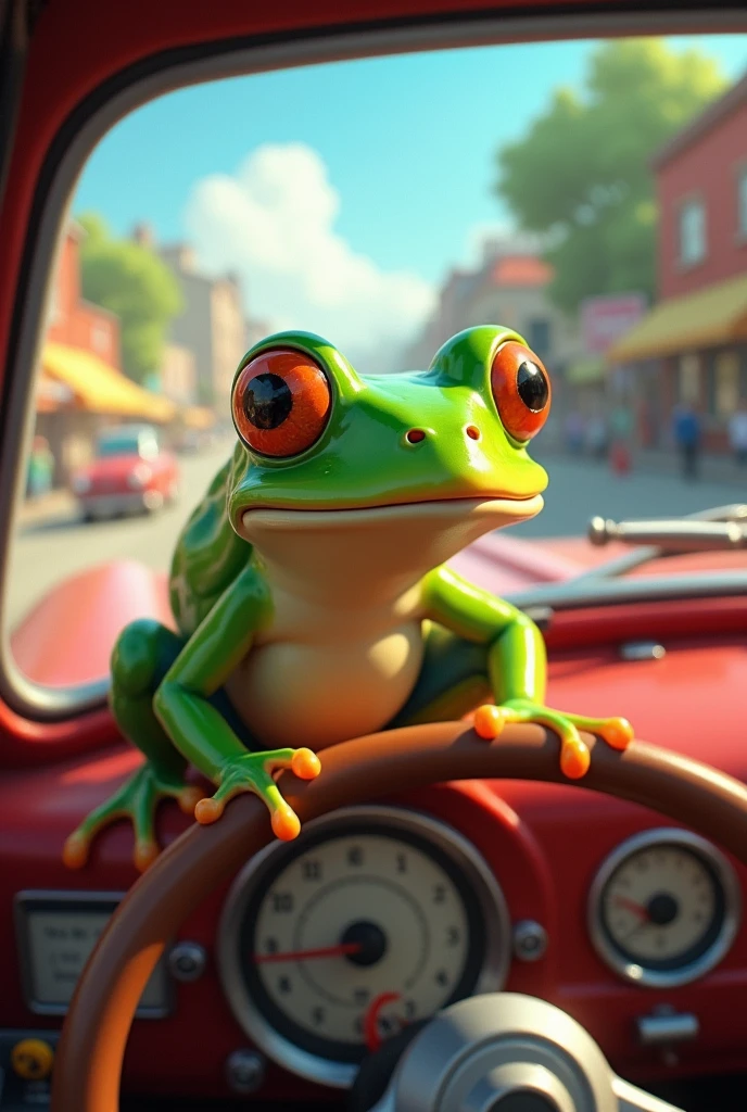 A frog ride tha car
