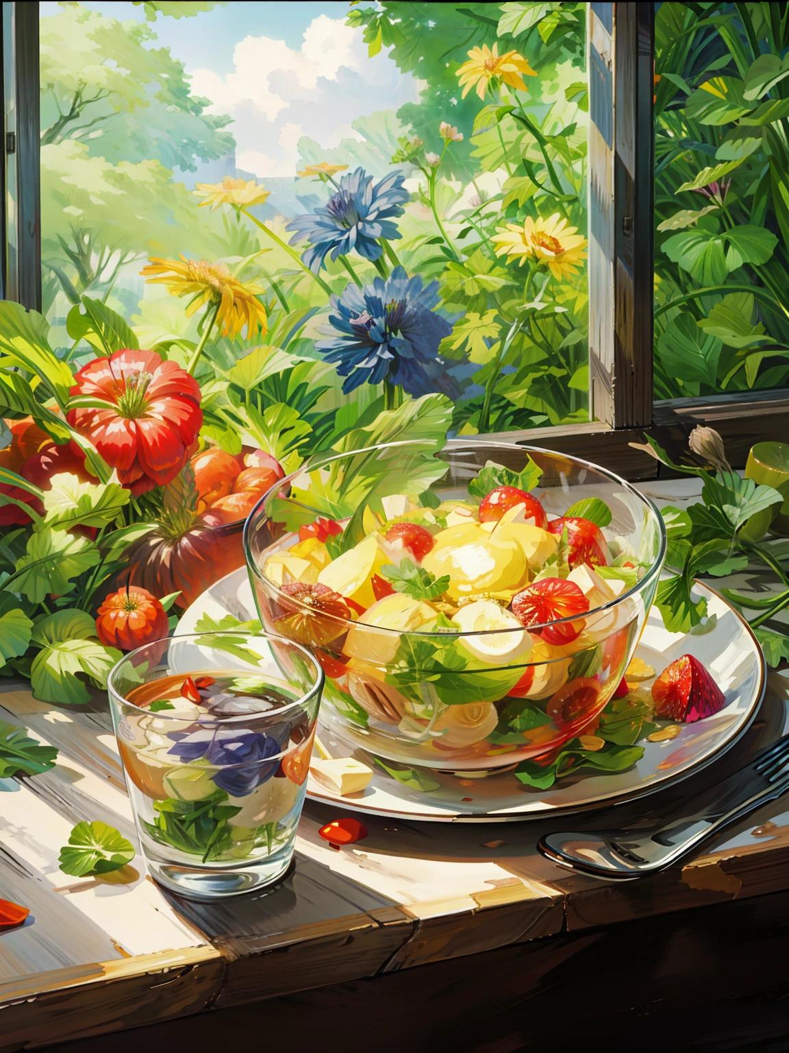 Picture of a salad bowl on a table, Top rated on pixiv, by Makoto Aida, Beautiful anime art, Written by Edward Okun, Beautiful and detailed anime art, breakfast oil painting, Beautiful anime artwork, A beautiful photorealistic image, Great composition, Beautiful Art UHD 4K, Highly detailed 4K painting, Great food illustrations, Casciato, 4k hd,, Beautiful Art UHD 4K, Beautiful artwork illustration, Beautiful digital painting, Highly detailed digital painting, Beautiful digital art, Detailed painting 4k, Highly detailed digital painting, Rich, picturesque colors, Gorgeous digital painting