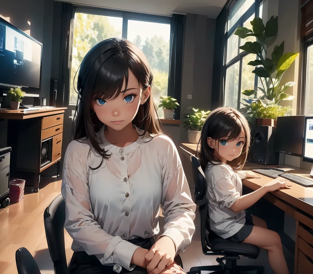 A modern room in dark theme , with little plants decoration , a girl is sitting in a chair in front of desktop with high end pc tripple monitor setup with two speakers , wearing a rgb headphone , behind desktop large window and behind that rain is happining, girl is plaing games on her pc.