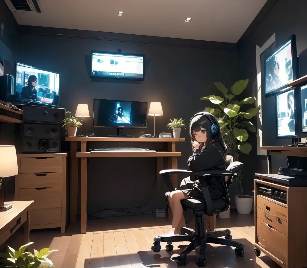 A modern room in dark theme , with little plants decoration , a girl is sitting in a chair in front of desktop with high end pc tripple monitor setup with two speakers , wearing a rgb headphone , behind desktop large window and behind that rain is happining, girl is plaing games on her pc.