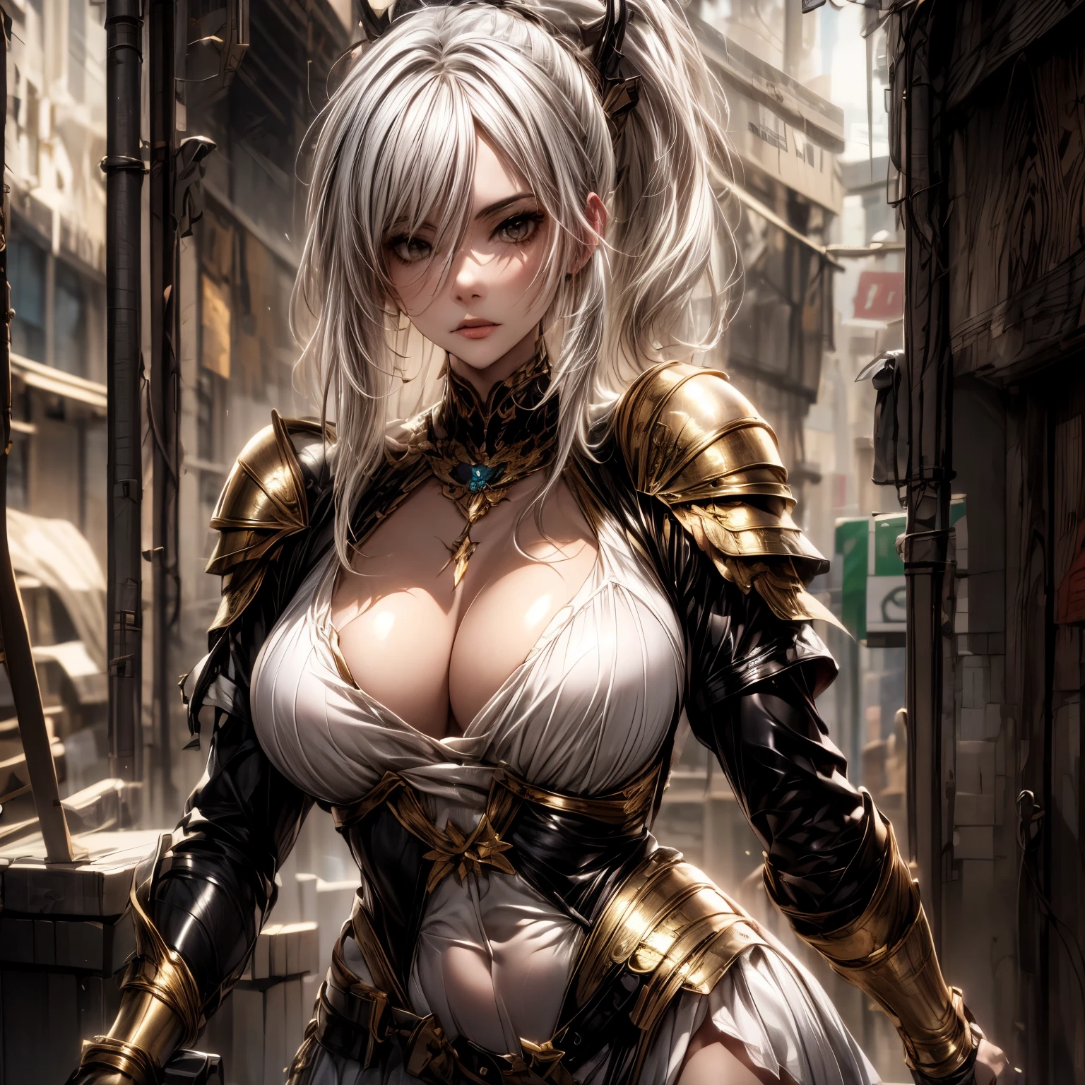 (best quality)), ((Masterpiece)), (details:1.4), 3d, HDR (high dynamic range), an image of a beautiful cyberpunk female, fantasy, medieval, Cyberpunk, Sleek style, red hair, High ponytail, Beautiful White eyes, จมูกโด่ง, ปากแดง, หน้าอกใหญ่, nvidia RTX, PBR surface, After processing, Anisotropic filtration,depth of field, Maximum clarity and clarity, multi-layered surface, Subsurface scattering, perfect proportions, 8K raw files, ultra detailed, Perfect proportions, volumetric lighting, soft lighting, Holy Paldin, Heavy Golden Armor, White dress, intricate Silver embroidery, glossy skin, Bed room Background, jewely, ต่างหู, mini white skirt, armor grove