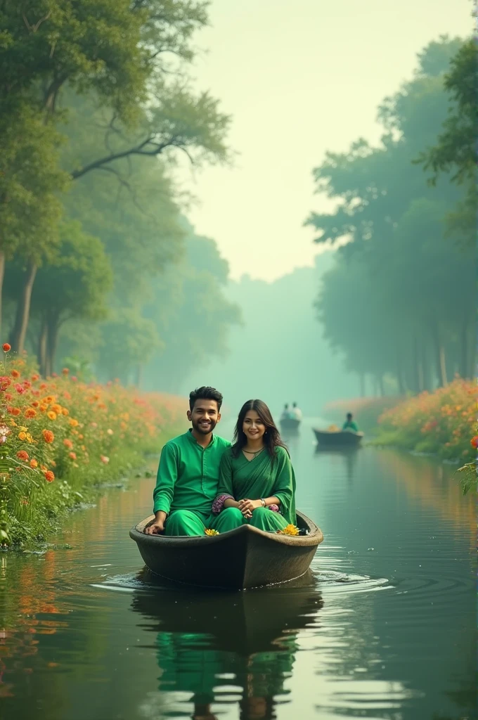 A bangladeshi young couple wearing green colour dress in a boat on the river.The river was calm and quiet.The weather was cinematic,there are many flowers in the rivers.the couple poses a photo indicating another boat.