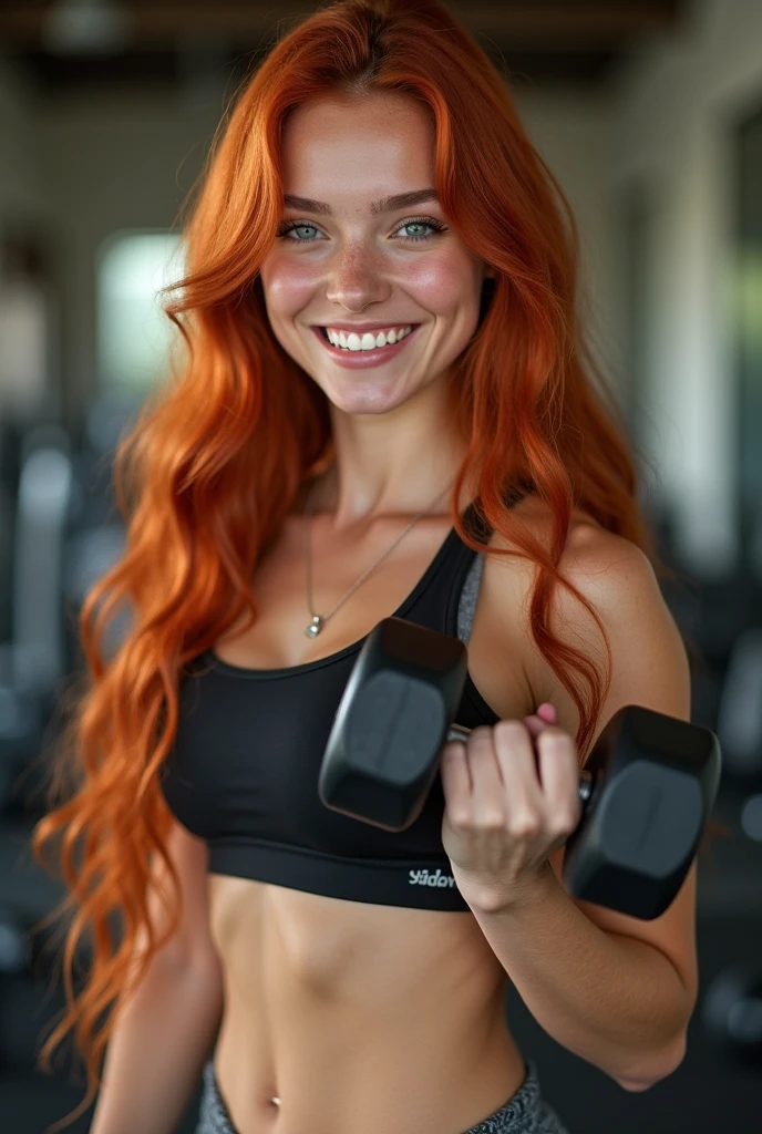 Perfect full body of a young white girl, long red hair, smiling brightly, wearing gym clothes, Dumbbell holding exercise pose (best quality, 4K, 8K, high resolution, masterpiece: 1.2), ultra-detailed, (realistic, photorealistic, photorealistic: 1.37), detailed face, beautiful detailed eyes, beautiful detailed lips, extremely detailed eyes and face, long eyelashes, intricate details, full body art, Natural lighting, warm color tones, soft focus