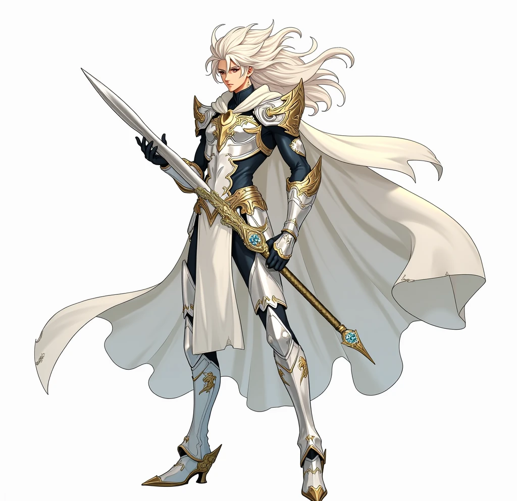 high qualiy, アニメ, A tall, athletic man, 2 knight, golden eyes with dragon iris, long platinum hair, with wavy locks, wearing dragon armor patterned in gleaming platinum, intricate details full plates, with a long white cape as good in the wind as the clouds in the sky, wielding a shining longsword with a silver blade and a jeweled gold handguard. The background is a giant dragon skull.