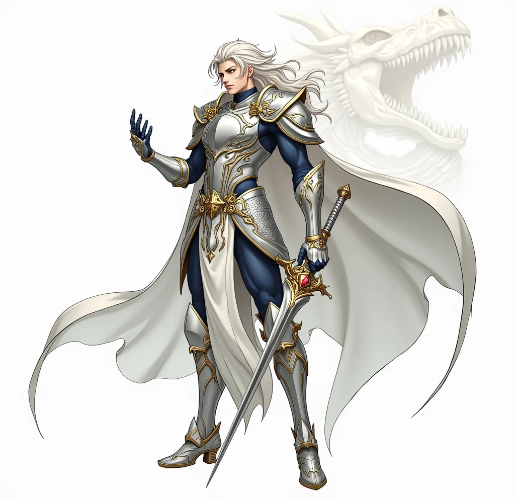 high qualiy, アニメ, A tall, athletic man, 2 knight, golden eyes with dragon iris, long platinum hair, with wavy locks, wearing dragon armor patterned in gleaming platinum, intricate details full plates, with a long white cape as good in the wind as the clouds in the sky, wielding a shining longsword with a silver blade and a jeweled gold handguard. The background is a giant dragon skull.