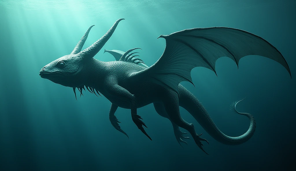 There is a creature growing underwater,It has the body of a fish,Bull head,and the snake's tail,Wings growing from the ribs(best quality,4K,8k,High level,masterpiece:1.2),Ultra Detailed,(lifelike,Photo real,Photo real:1.37)