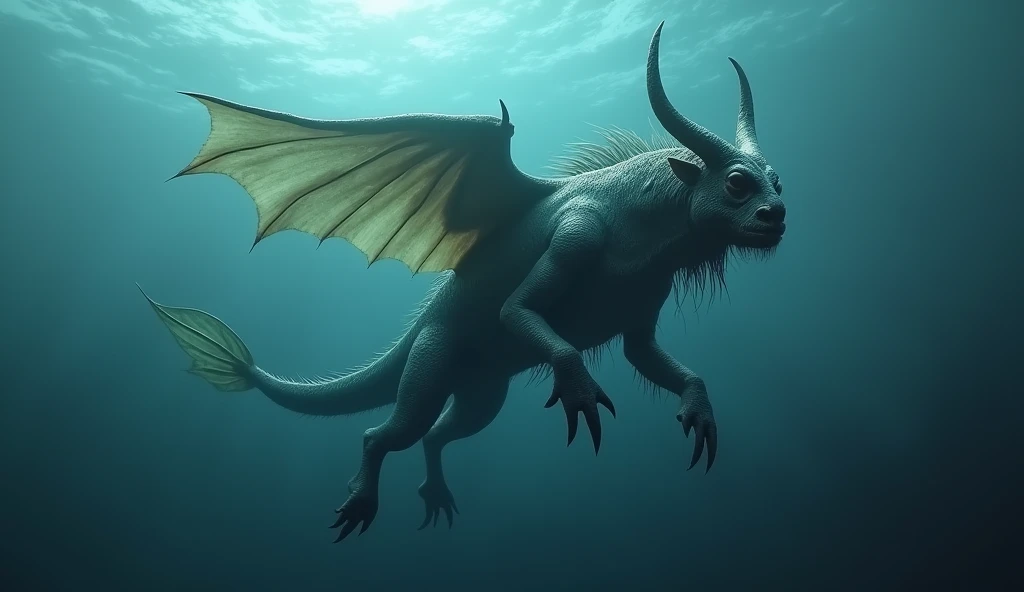 There is a creature growing underwater，It has the body of a fish，Bull head，and the snake&#39;s tail，Wings growing from the ribs（best quality，4K，8k，High level，masterpiece：1.2），Ultra Detailed，（lifelike，Photo real，Photo real：1.37）