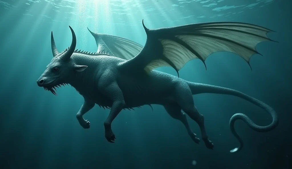 There is a creature growing underwater，It has the body of a fish，Bull head，and the snake&#39;s tail，Wings growing from the ribs（best quality，4K，8k，High level，masterpiece：1.2），Ultra Detailed，（lifelike，Photo real，Photo real：1.37）
