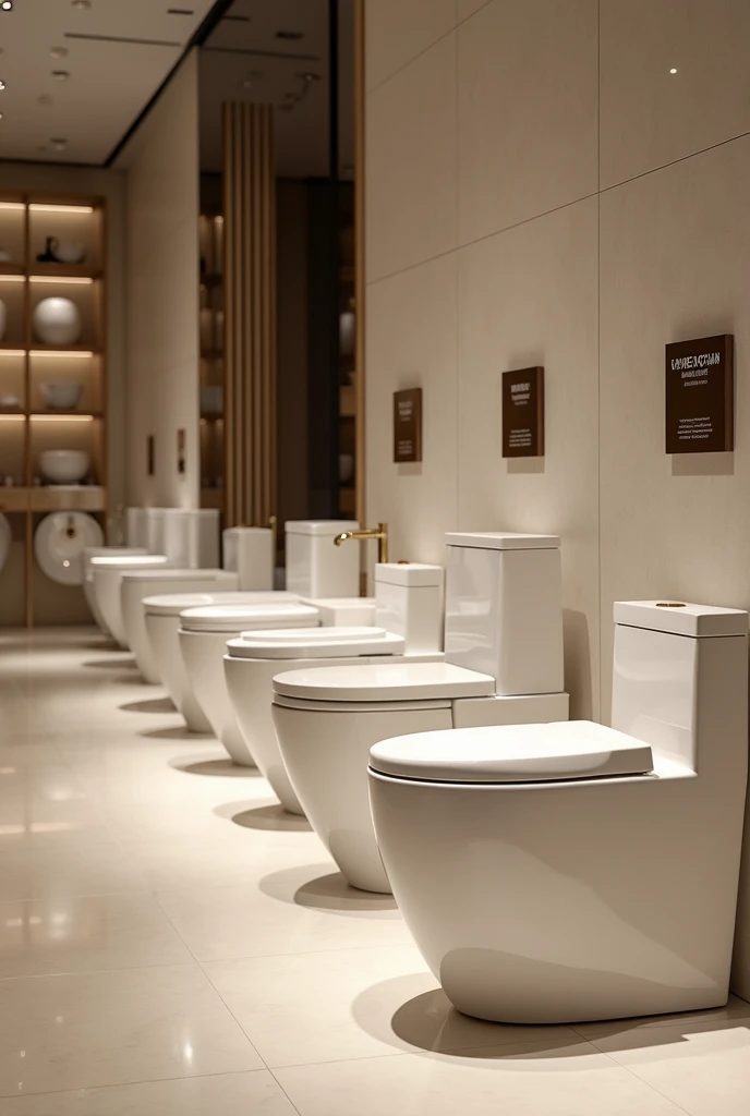 a shop selling ceramic toilet, a row of the most premium looking ceramic toilet put on display, a sign that says "ceramic toilet" and "sale"