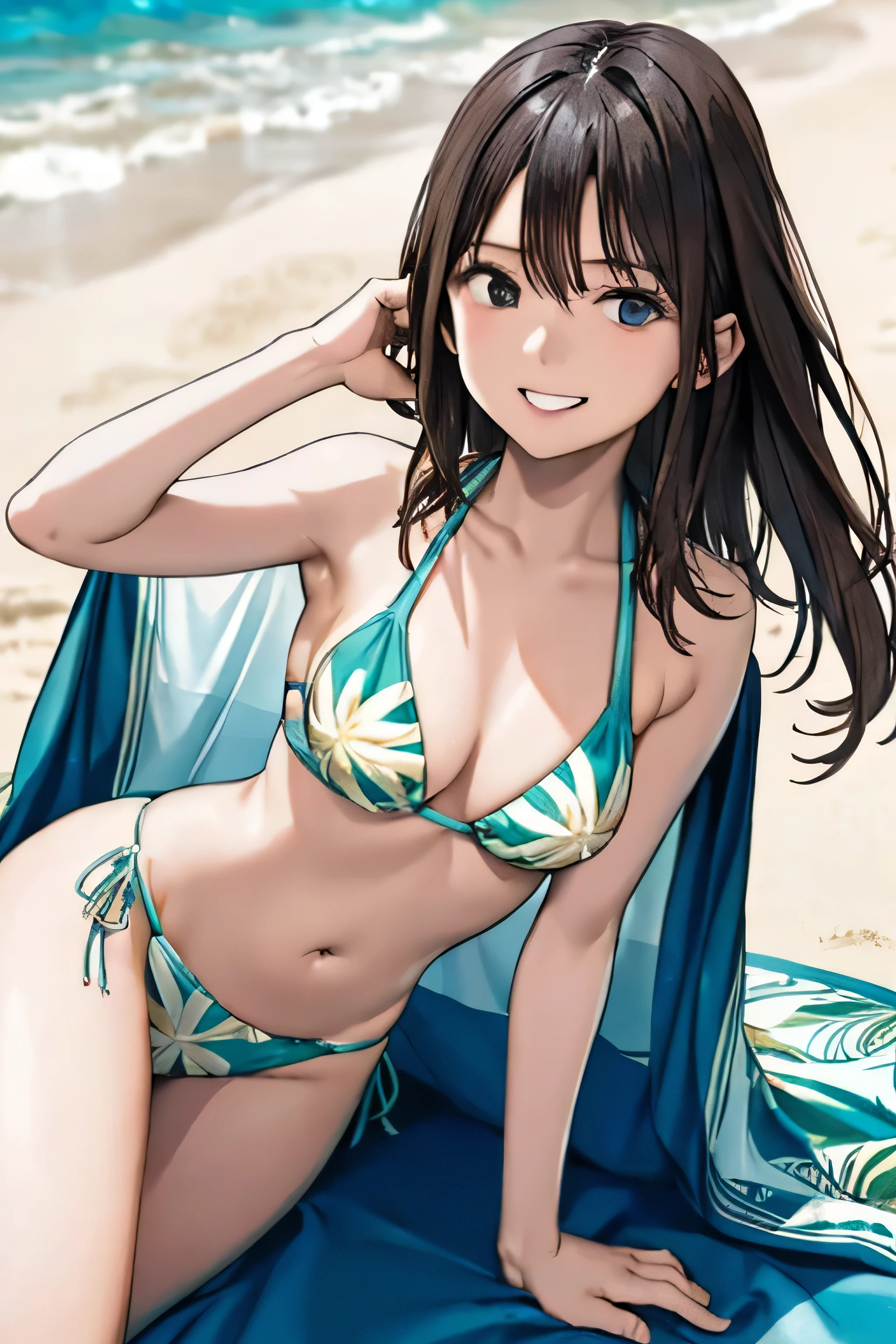 Ultra-detailed 8K photo of a Japanese gravure model with sun-kissed skin and long, flowing dark hair, relaxing on a pristine beach in Bali. She’s wearing a tropical print bikini with a sheer sarong, perfectly blending with the exotic beauty of the surroundings. The image captures her as she smiles radiantly under the warm Balinese sun, with turquoise waters and lush greenery in the background, with small breasts