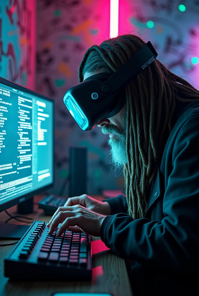 Old-school hacker with long dreadlocks and a VR headset, hunched over a vintage-looking keyboard connected to a modern holographic interface, in a room filled with neon lights and digital graffiti.