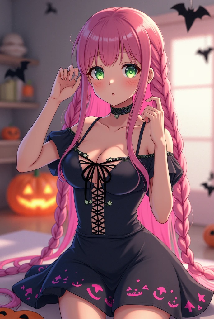 Mitsuri kanroji from demon slayer, one mature adult women , wearing Halloween dress, Halloween decorations, in her bedroom , photo session, Hands up fixing hair pose, looking towards camera , full body visible ,((long light pink hair that fades into a lime green color at the halfway point)), which she wears in three thick braids  ,  pale green eyes with small moles under each eye, anime style , anime style, pastel colours , human body structure, proper body proportion, a bit bigger breast , ((wolverine cosplay)) , smiling expression 