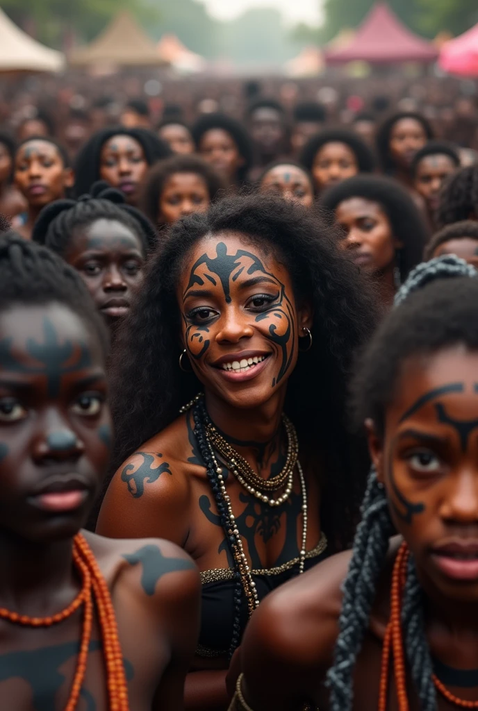Many people put black paint on their faces. Everyone is looking ahead. And they are celebrating a festival.