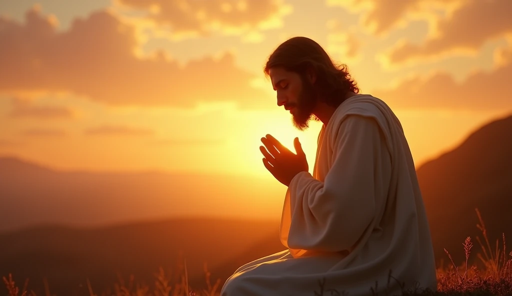 A viral social media image of Jesus praying on the right side, his hands clasped in deep devotion, with a serene sunset background and soft golden light illuminating his face, evoking peace and hope.