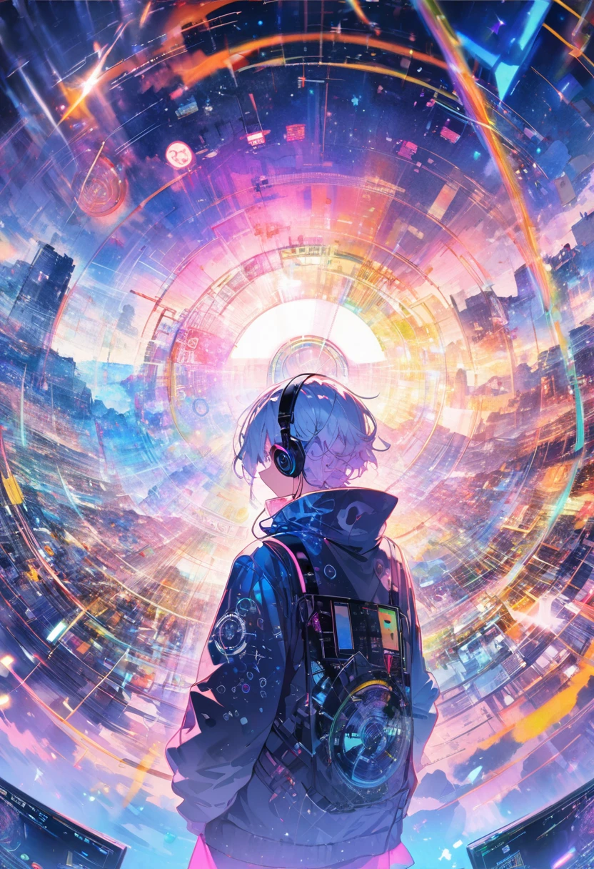 cyber, DJ, monitors, AI world, display room background, the fairy godfather anime wallpaper, watercolor painting, in the style of cuber world, electric circles, numerical equations, crypto, neon, multiple exposure, high-angle, sparkles, god rays, best quality --ar 1:1 --c 3 --v 6.0