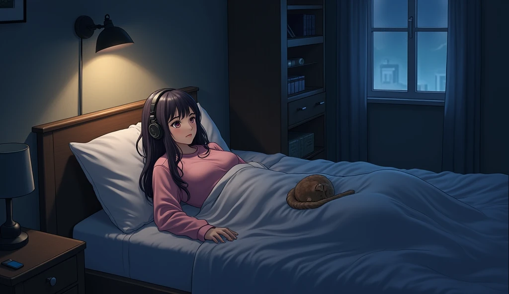 night、dim、high school girl、Mature、long hair、sweat、Using headphones、bed、Cat、 2D-style animation, Lo-Fi、Retro、Anime style illustrations