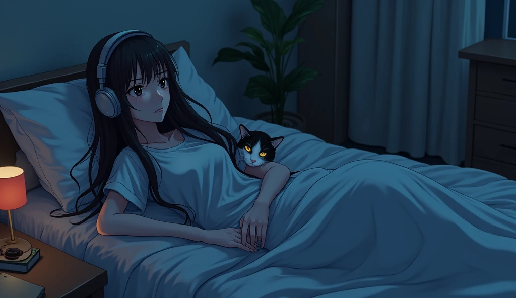 night、dim、high school girl、Mature、long hair、sweat、Using headphones、bed、Cat、 2D-style animation, Lo-Fi、Retro、Anime style illustrations