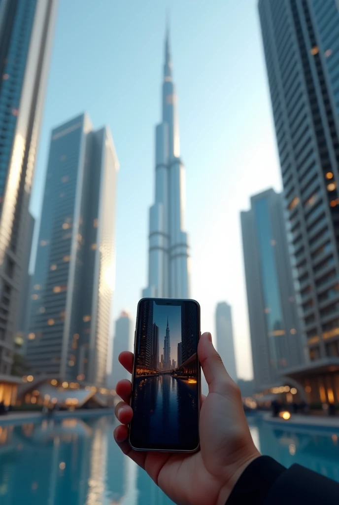 I phone in front of burj khalifa