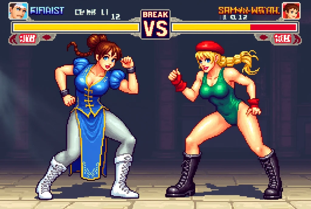 Retro video game, Pixel art, two beautiful women, Chun-Li vs Cammy, Both of fight, (Chun-Li:1.2,brown hair,Bun Hair on both sides of the head,Bun cover,lipstick,makeup,She is wearing a blue china dress,gold trim,Blue cheongsam with side slits,puffy sleeves,short sleeves,side slit,cross-laced footwear,pantyhose,pelvic curtain,spiked bracelet,white footwear). 
(Cammy White:1.2,light skin,blue eyes,and long blonde hair styled in two braids,ahoge,She is wearing a red Beret,green leotard,camouflage,red fingerless gloves,black combat boots). 
BREAK, fighting games screen, Stick butt out and throws a punch, The other one throw a kicks, masterpiece, ultra high resolution, best quality, perfect anatomy, perfect proportions, Accurate limbs, accurate finger, Digital photograph, Ultra-high quality 