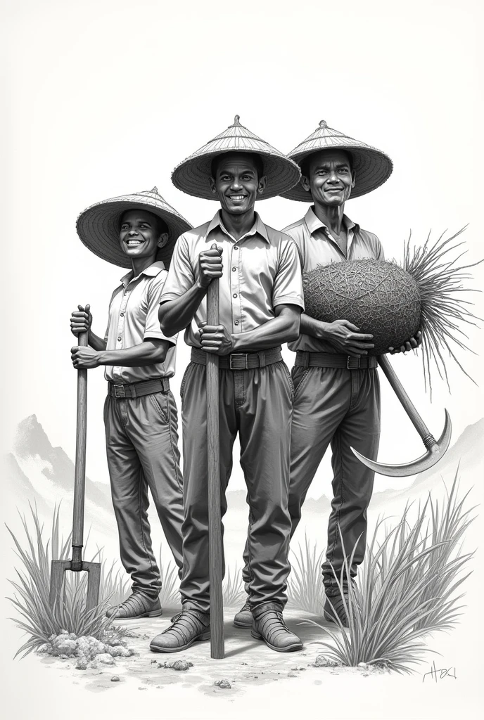 Sketsa gambar tiga petani Indonesia yang memakai topi runcing traditiononal (hat) from straw. Every farmer is in a strong and tough pose; one holding a hoe with a ready to work attitude, one held the scythe firmly, and another one carrying a pile of harvest with an excited face. The image perspective is varied and dynamic, reflect strength, toughness, and their spirit of cooperation. The background is a stretch of rice fields or a harsh but beautiful rural landscape.. The sketch uses strong lines and shading that reflect hard work., tradition, and the resilience of farmers.