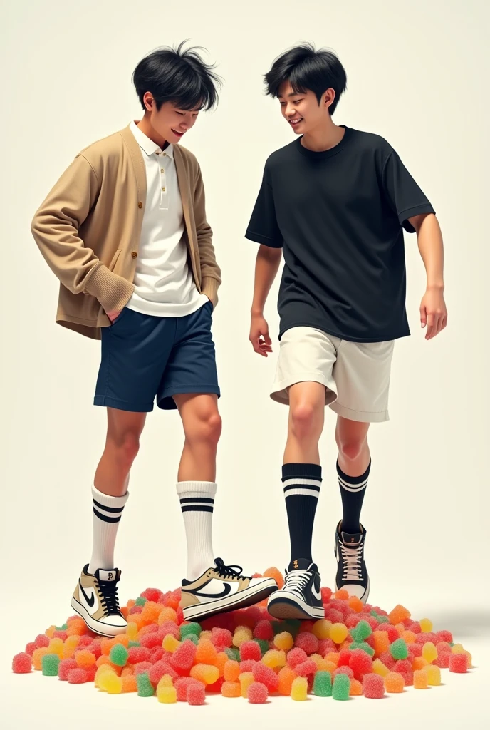 2 handsome asian male teenagers with tall and slim bodies. 1st wears a white shirt, beige cardigan, navy blue shorts, long white socks with 2 black stripes and air jordans. 2nd wears a black t shirt, white shorts, long black socks with 2 white stripes on it, and air jordans. They are stomping and trampling on a bunch of colorful gummy bears , all crushed and smooshed underneath their feet