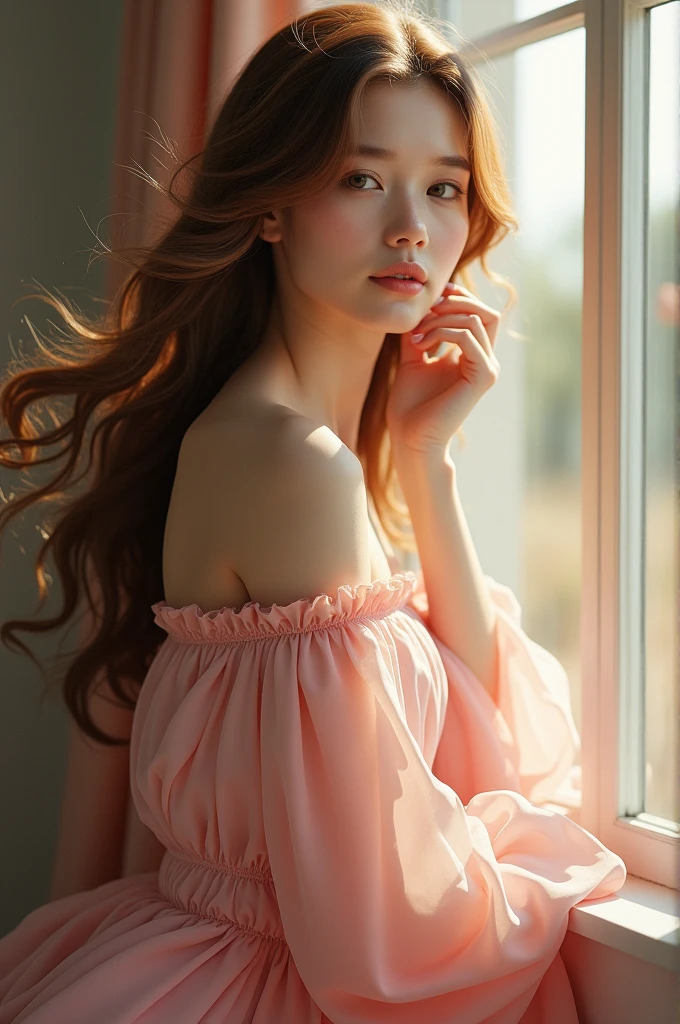 A beautiful lady with brown long hair wearing a long pink frock leaning towards the window and feeling a gentle breeze on her face.