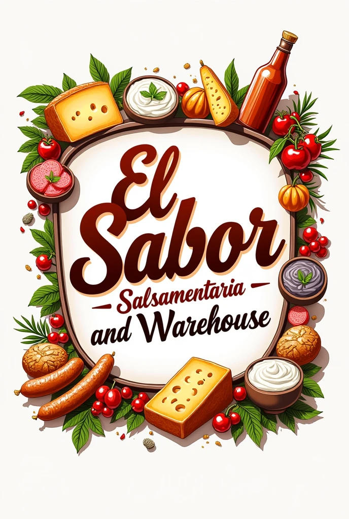 The image is a logo with a striking and colorful design. In the center of the logo, the name stands out *"El Sabor Salsamentaria and Warehouse"* in a large, modern font. The text is prominent, with a style that combines the traditional with the contemporary.
Surrounding the central text, There are various visual elements that represent food products such as cheese., fast food breads, yogurts and sausage. These elements are arranged in a balanced manner., forming a frame that emphasizes the culinary theme of the logo.
The colors of the logo are striking and appetizing