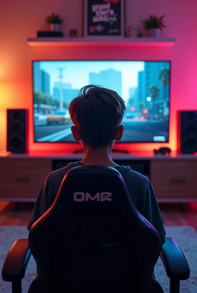 1 boy setting gaming room and all room lighted and play GTA 5 game and visit room look back side