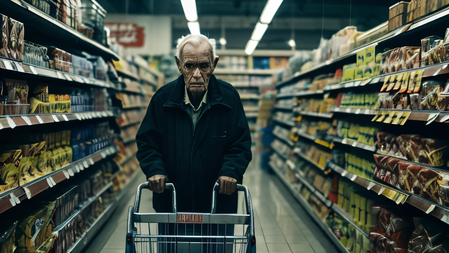 a horror story, an elderly man on the ground holding his chest in the supermarket aisle, flickering lights, dark atmosphere, eerie silence, suspense, fear, photorealistic, 8k, cinematic lighting, dramatic shadows, muted color palette, gritty textures, detailed facial features and full body, visceral horror