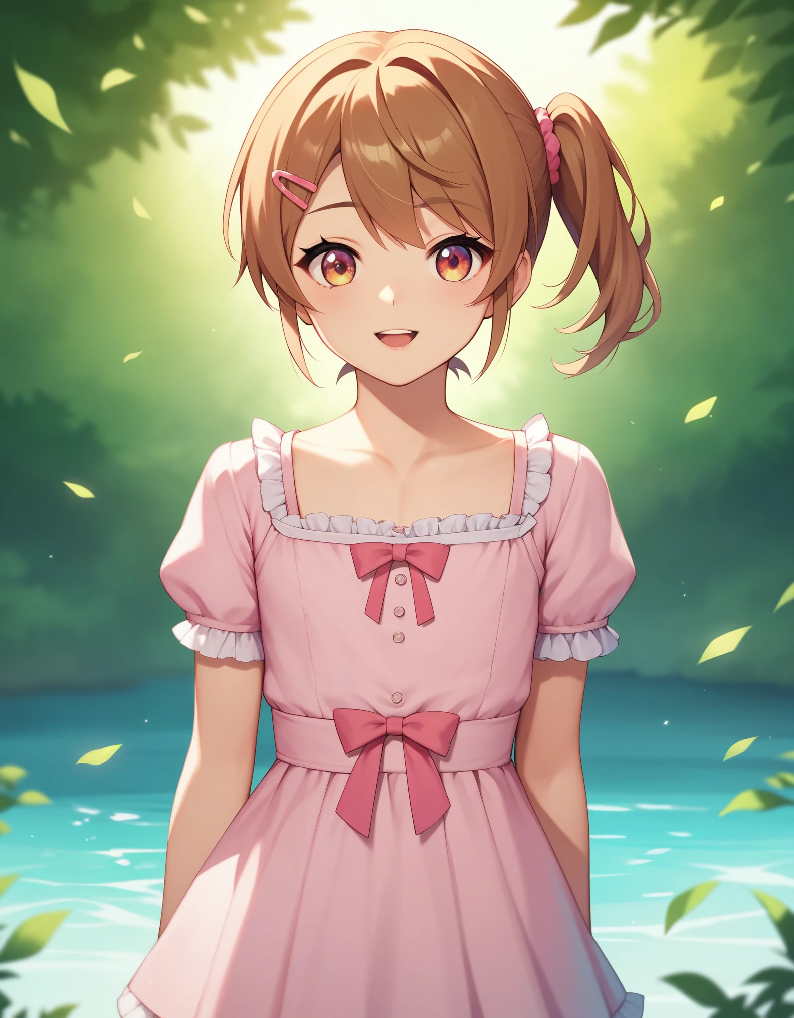(masterpiece:1.2), best quality, highres, original, (extremely detailed:1.2), ultra-detailed, wallpaper, perfect lighting,(extremely detailed CG:1.2), 8k, anime illustration, HD, cute, kawaii, 1boy, crossdressing, solo, tomgirl, (brown hair, hairclip:1.1), (Lolita Fashion, short sleeves, pink dress, mini dress, delicate dress, ruffles hemline, ribbon on dress, flat chest, breastless:1.2), thighs, standing, back-angle, view of back, outdoor, sunny