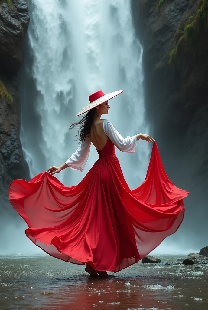 Photoshot of a beautiful woman wearing a red and white dress with a very beautiful long fabric and dancing on a rock under a waterfall while playing with a long fabric and wearing a red and white hat