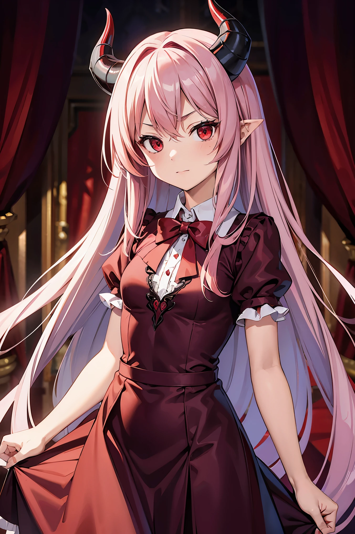 Remilia Scarlet、 hair,Red eyes,long hair,demon horns,his suit,Girl body type,There he is.,There was a little blood on the body.,8K short sleeve dress style shirt