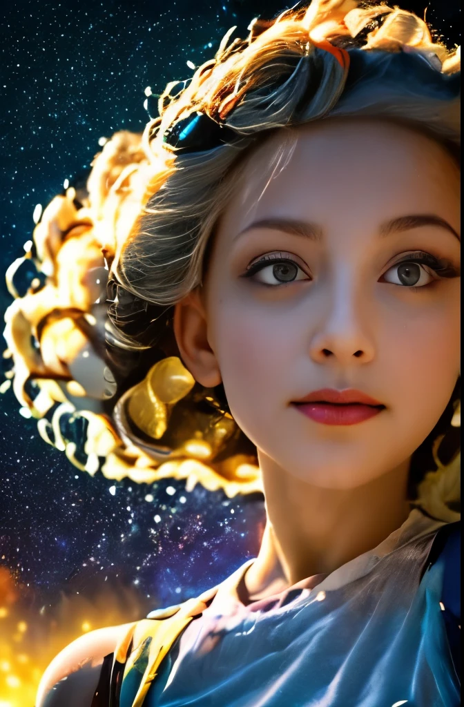 High detail, super detail, super high resolution, girl enjoying her time in the dream galaxy, surrounded by stars, warm light sprinkled on her, background is starry sky with colorful galaxies and galaxy clouds, stars flying around her, delicate face, adding playful atmosphere ,
