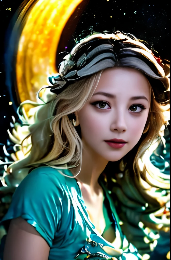 High detail, super detail, super high resolution, girl enjoying her time in the dream galaxy, surrounded by stars, warm light sprinkled on her, background is starry sky with colorful galaxies and galaxy clouds, stars flying around her, delicate face, adding playful atmosphere , 